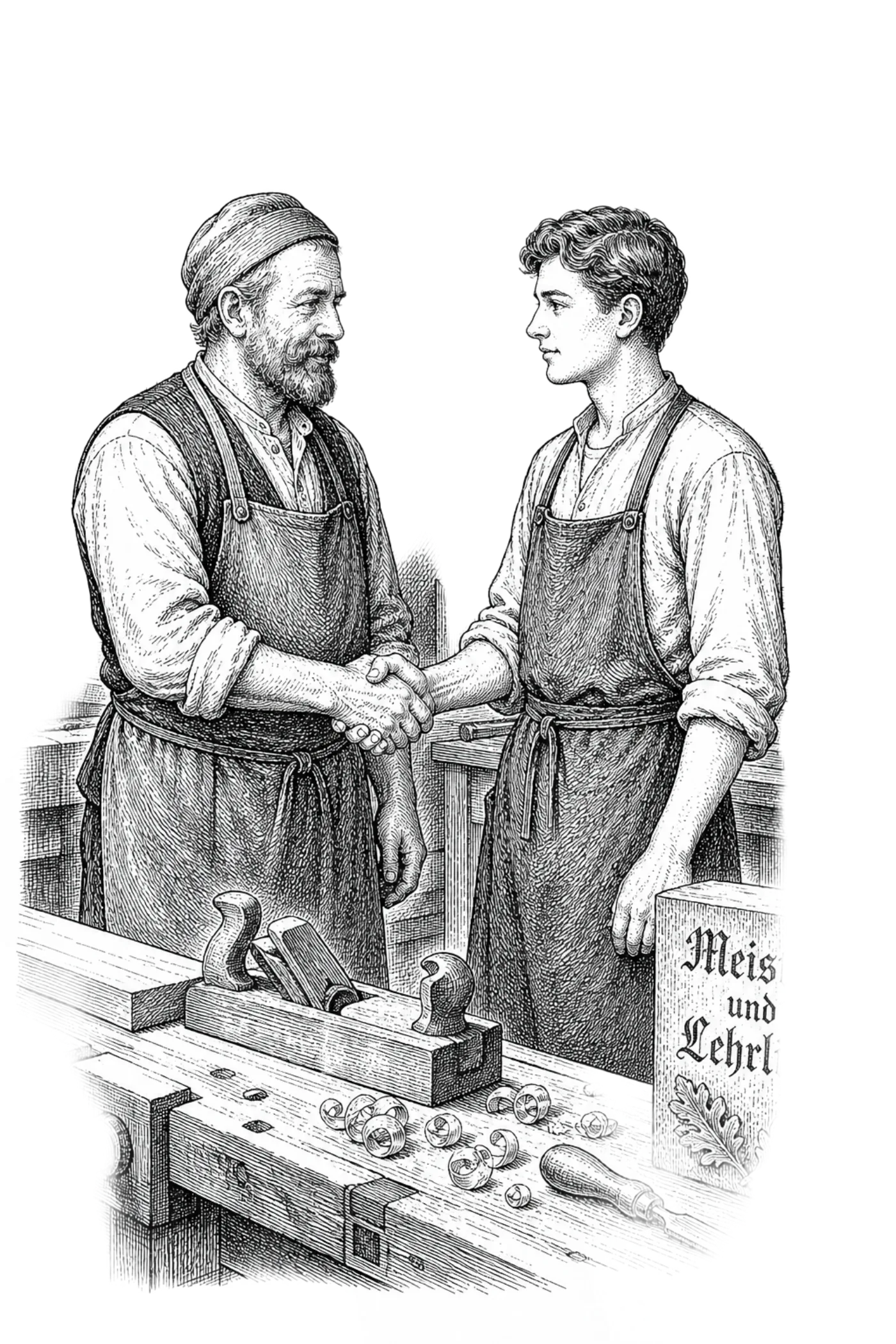 Federzeichnung: Handwerksmeister und Geselle reichen sich die Hand